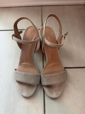 Cole Haan Neutral Suede Ankle-Strap Block Heel Sandals